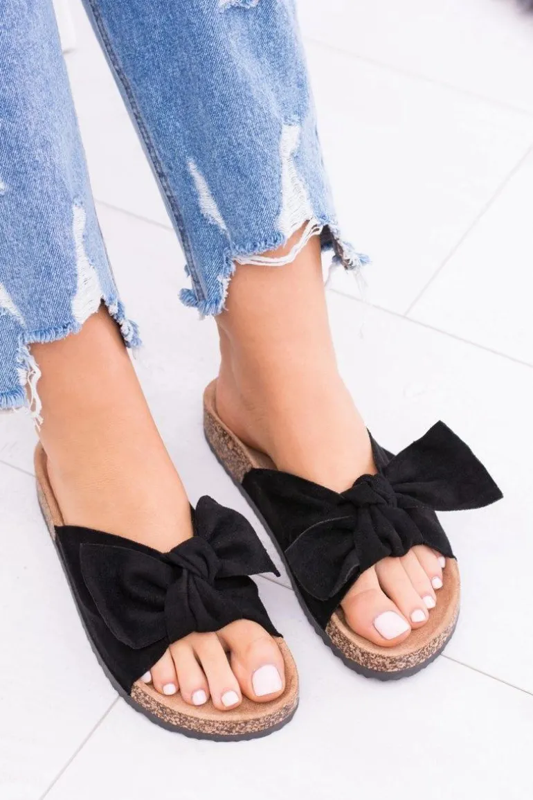 Damskie Czarne Klapki Na Korku Kokarda Dominica