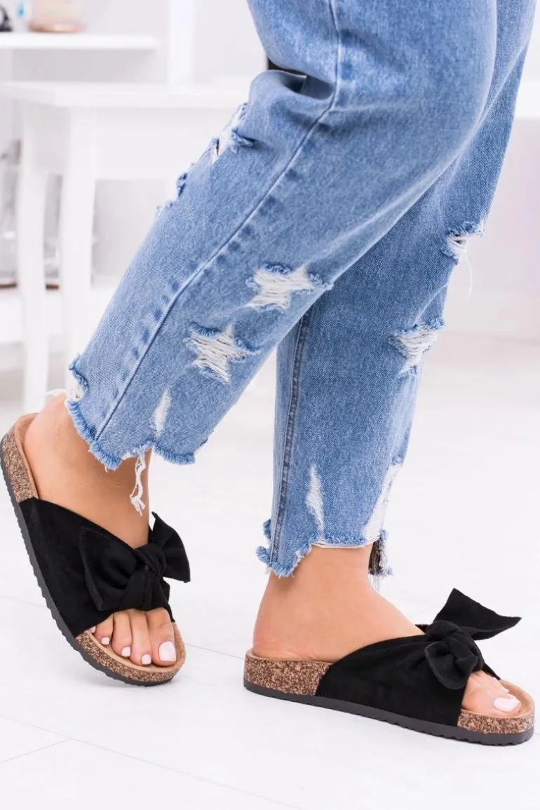 Damskie Czarne Klapki Na Korku Kokarda Dominica