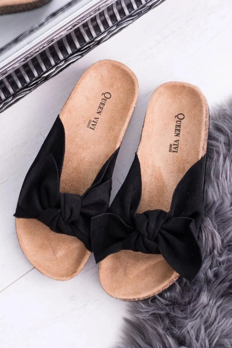 Damskie Czarne Klapki Na Korku Kokarda Dominica