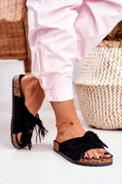 Damskie Czarne Klapki Na Korku Frędzle Marina