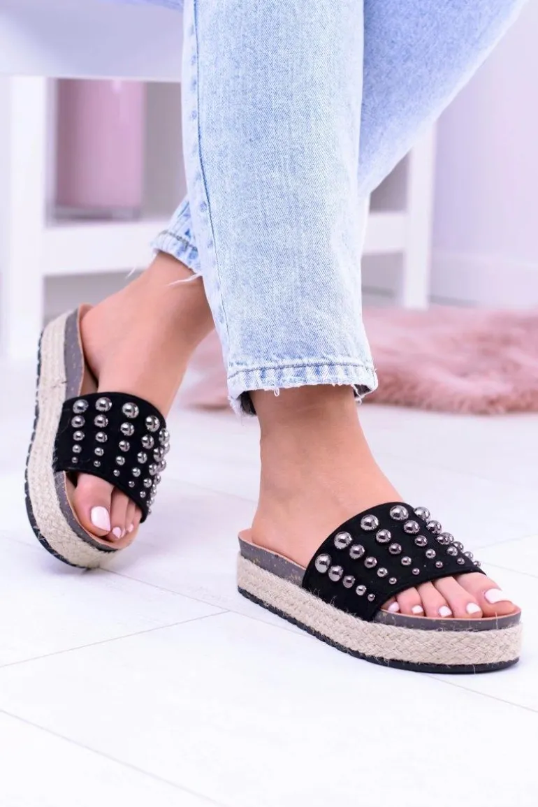 Damskie Czarne Klapki z Cyrkoniami Orto