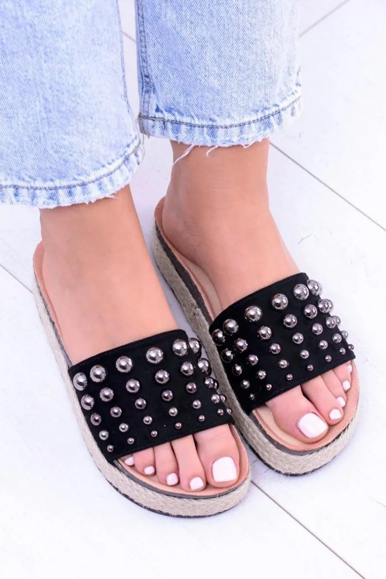 Damskie Czarne Klapki z Cyrkoniami Orto