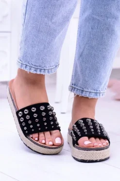 Damskie Czarne Klapki z Cyrkoniami Orto