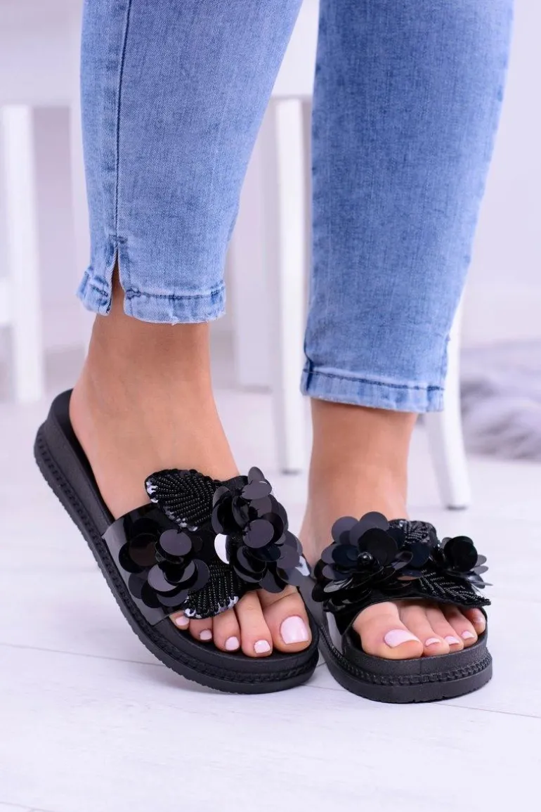Damskie Czarne Klapki z Kwiatowym Wzorem Muah