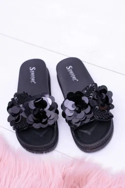 Damskie Czarne Klapki z Kwiatowym Wzorem Muah