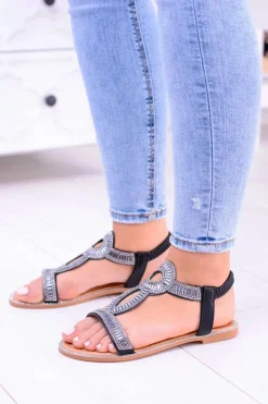 Damskie Czarne Sandałki z Cyrkoniami Rent