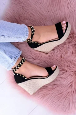 Damskie Czarne Sandały Na Koturnie Espadryle Coco