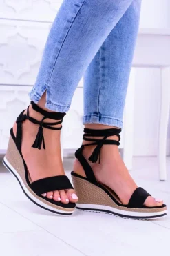 Damskie Czarne Sandały Na Koturnie Platter
