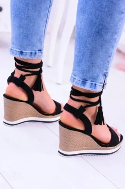 Damskie Czarne Sandały Na Koturnie Platter