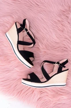 Damskie Czarne Sandały Na Koturnie Showen