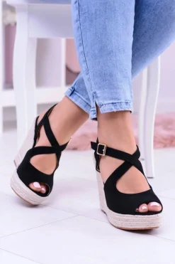 Damskie Czarne Sandały Na Koturnie Espadryle Elonore