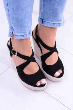 Damskie Czarne Sandały Na Koturnie Espadryle Elonore