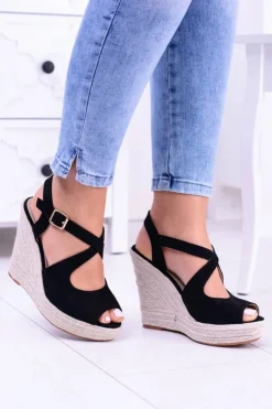 Damskie Czarne Sandały Na Koturnie Espadryle Elonore