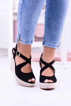 Damskie Czarne Sandały Na Koturnie Espadryle Elonore