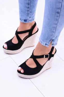 Damskie Czarne Sandały Na Koturnie Espadryle Elonore