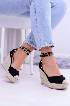 Damskie Czarne Sandały Na Koturnie Espadryle Aude