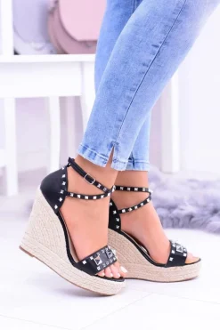 Damskie Czarne Sandały Ćwieki Dżety Espadryle Mariko