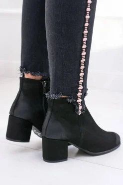 Damskie Czarne Skórzane Botki Na Słupku Nicole