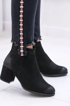 Damskie Czarne Skórzane Botki Na Słupku Nicole
