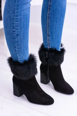 Damskie Czarne Zamszowe Botki Z Futrem Laura Messi 1689