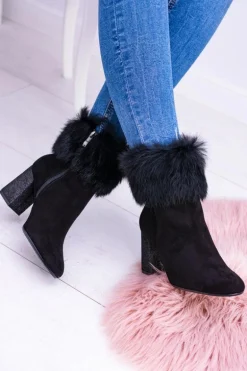 Damskie Czarne Zamszowe Botki Z Futrem Laura Messi 1689