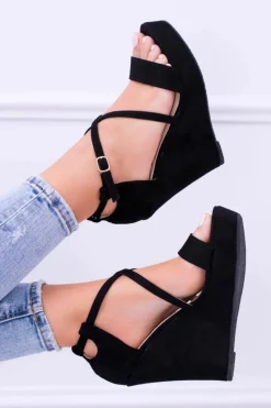 Damskie Czarne Zamszowe Sandały Na Koturnie Eline