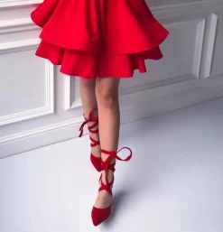 Damskie Czółenka Na Słupku Wiązane Czerwone Demmi
