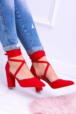 Damskie Czółenka Na Słupku Wiązane Czerwone Demmi