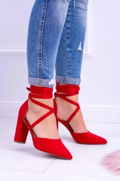 Damskie Czółenka Na Słupku Wiązane Czerwone Demmi