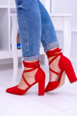 Damskie Czółenka Na Słupku Wiązane Czerwone Demmi