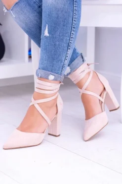 Damskie Czółenka Na Słupku Wiązane Beżowe Demmi