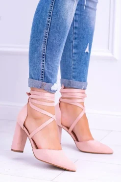 Damskie Czółenka Na Słupku Wiązane Różowe Demmi