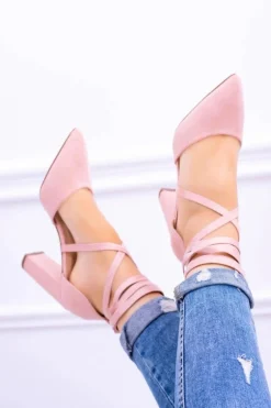 Damskie Czółenka Na Słupku Wiązane Różowe Demmi