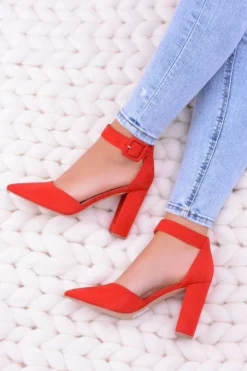 Damskie Czółenka Na Słupku Zamszowe Czerwone Harinta