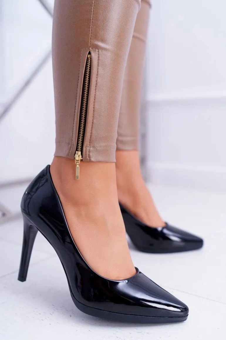 Damskie Czółenka Szpilki Sergio Leone Czarne Lakierowane Misawu