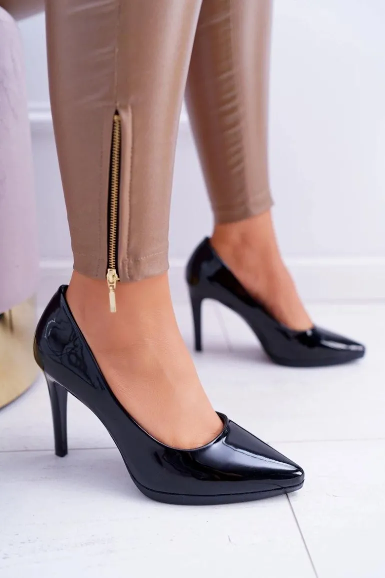 Damskie Czółenka Szpilki Sergio Leone Czarne Lakierowane Misawu