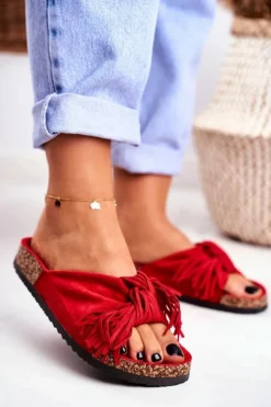 Damskie Czerwone Klapki Na Korku Frędzle Marina