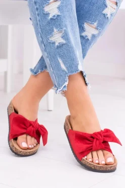 Damskie Czerwone Klapki Na Korku Kokarda Dominica