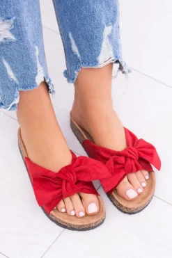 Damskie Czerwone Klapki Na Korku Kokarda Dominica