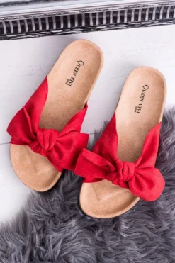 Damskie Czerwone Klapki Na Korku Kokarda Dominica