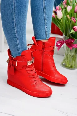 Damskie Czerwone Sneakersy Złota Kłódka Koturn Hudgens