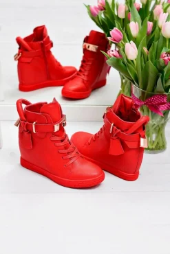 Damskie Czerwone Sneakersy Złota Kłódka Koturn Hudgens