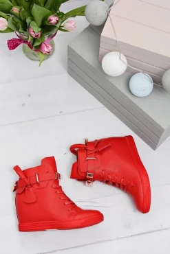 Damskie Czerwone Sneakersy Złota Kłódka Koturn Hudgens