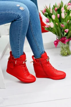 Damskie Czerwone Sneakersy Złota Kłódka Koturn Hudgens