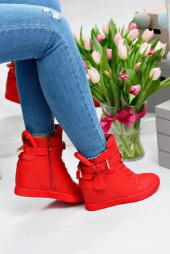 Damskie Czerwone Sneakersy Złota Kłódka Koturn Hudgens