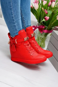 Damskie Czerwone Sneakersy Złota Kłódka Koturn Hudgens