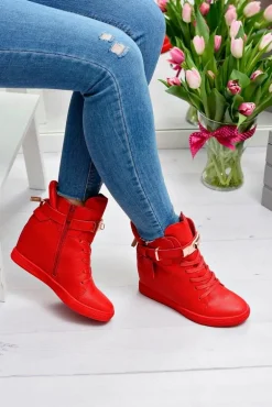 Damskie Czerwone Sneakersy Złota Kłódka Koturn Hudgens