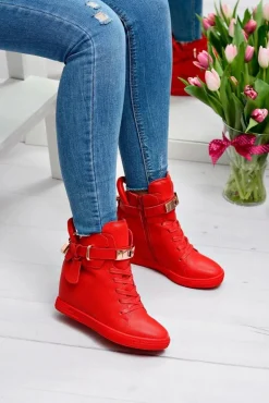 Damskie Czerwone Sneakersy Złota Kłódka Koturn Hudgens