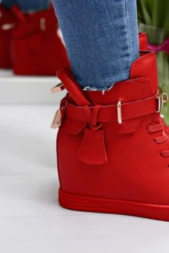 Damskie Czerwone Sneakersy Złota Kłódka Koturn Hudgens