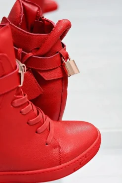 Damskie Czerwone Sneakersy Złota Kłódka Koturn Hudgens